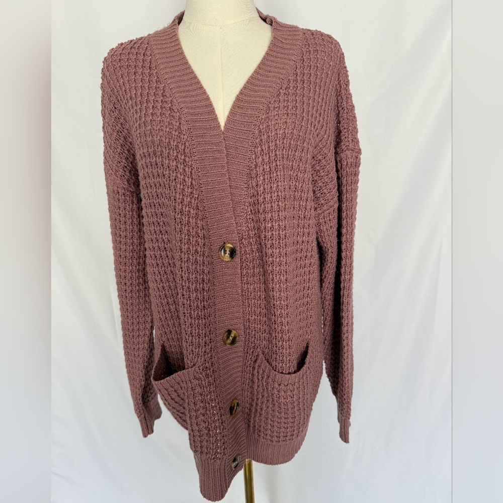 ​Zenana Outfitters Waffle Knit Button-Up Cardigan - Mauve XL
